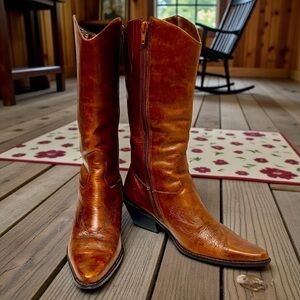 Cottagecore Floral Embossed Leather Tall Cowboy Boots Cognac Brown| Size 8